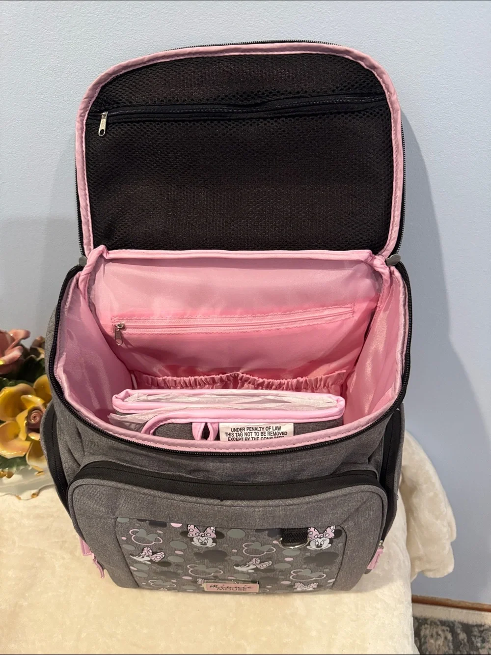 Disney Baby Minnie Mouse Jartop Diaper Backpack in gray and pink, NWOT